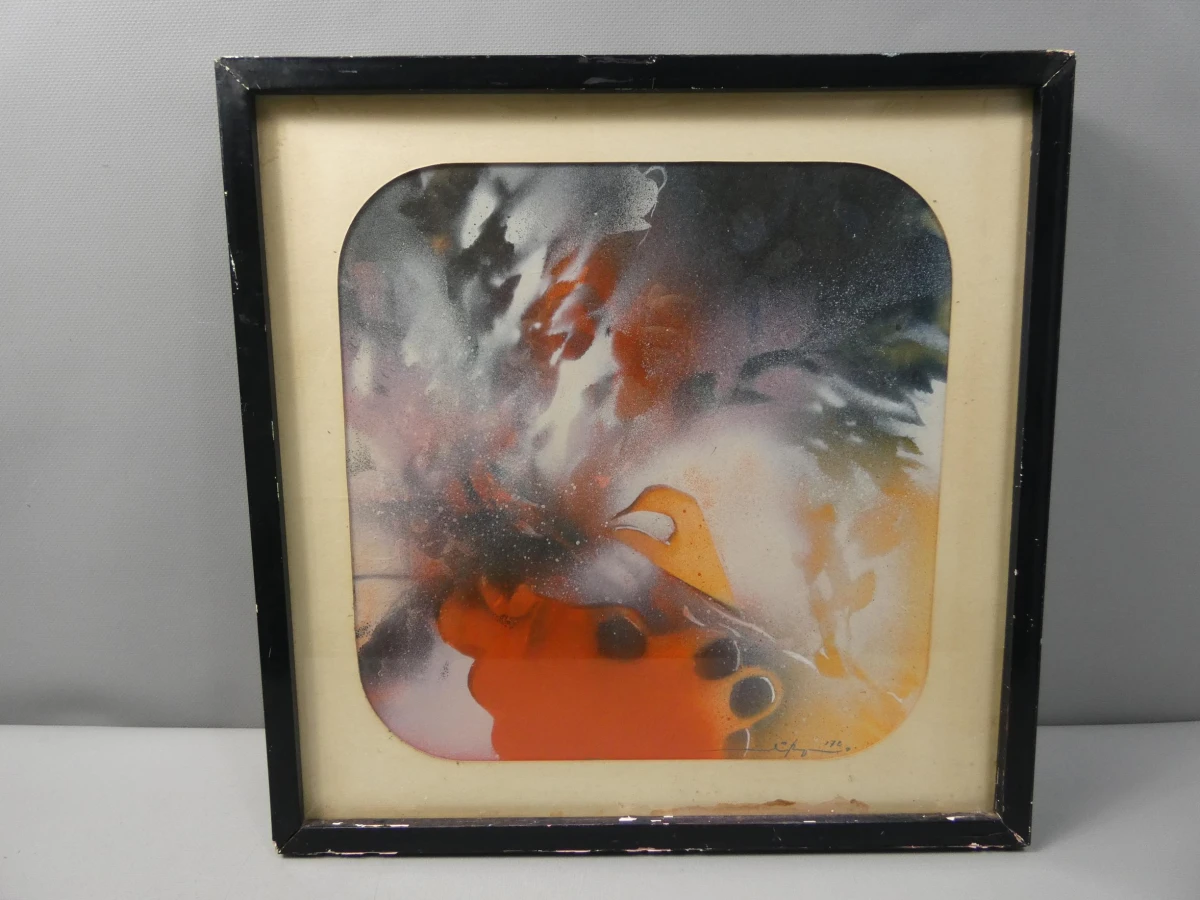 Abstract schilderij in lijst uit 1972 van Martin R. Baeyens