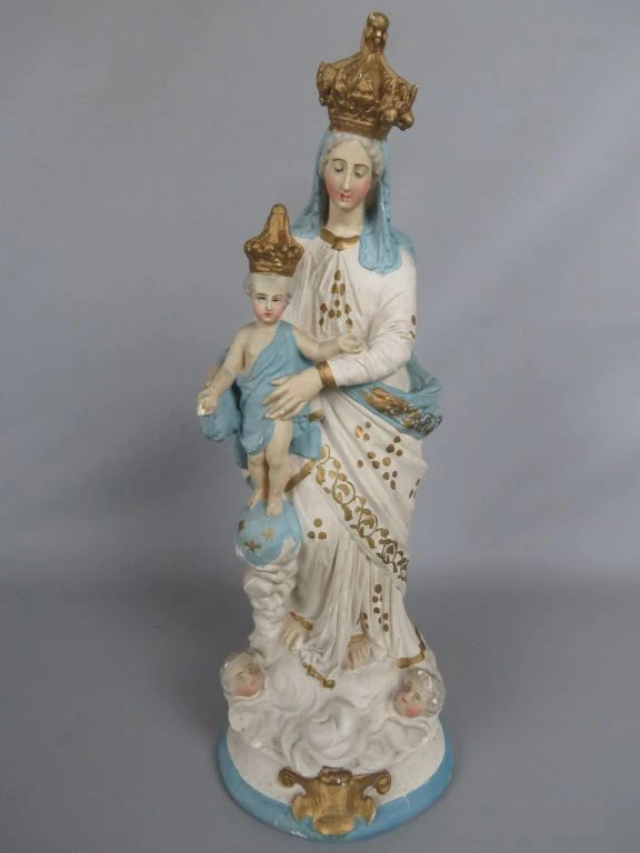 Vintage Gipsen Beeld van Onze-Lieve-Vrouw met Kind