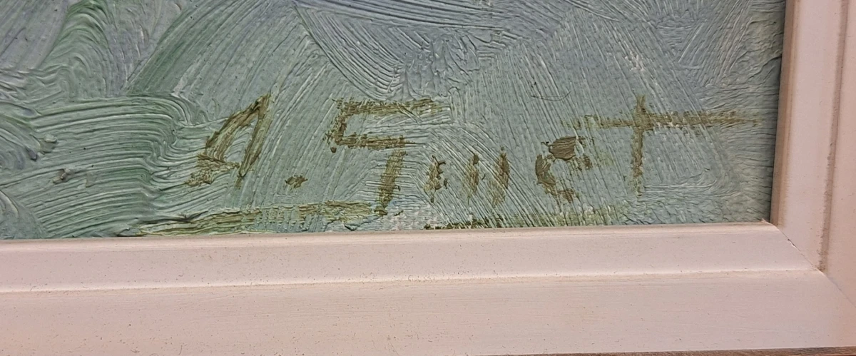 Olieverfschilderij van vissersboten in een haven met gouden lijst