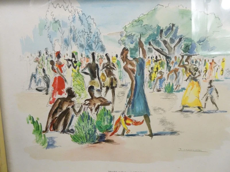 Ingelijste kunstwerk inheemse marktscène Usumbura