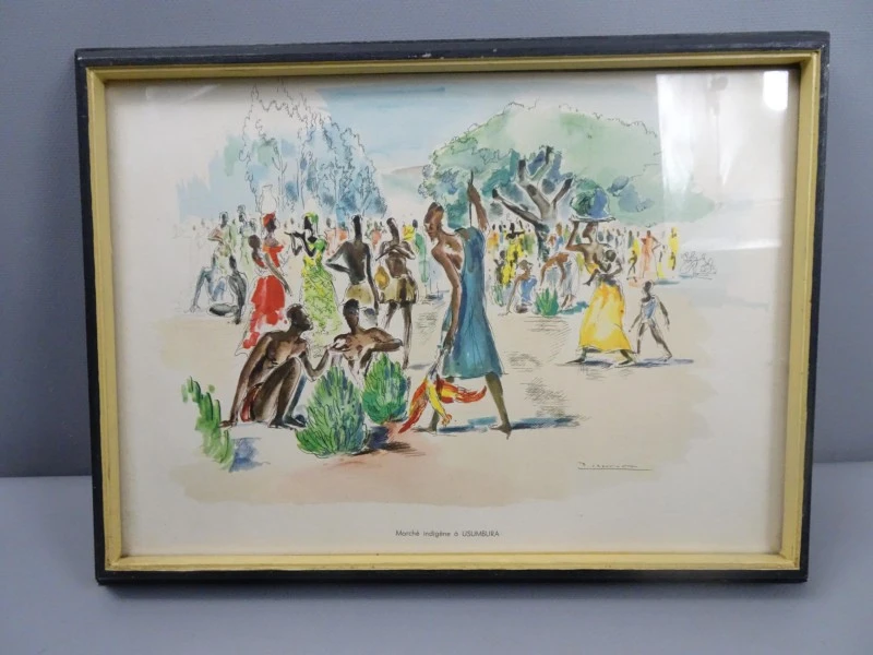 Ingelijste kunstwerk inheemse marktscène Usumbura