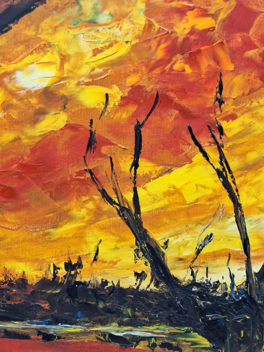 Expressief olieverfschilderij van een dramatisch rivierlandschap - gesigneerd en gedateerd 1972