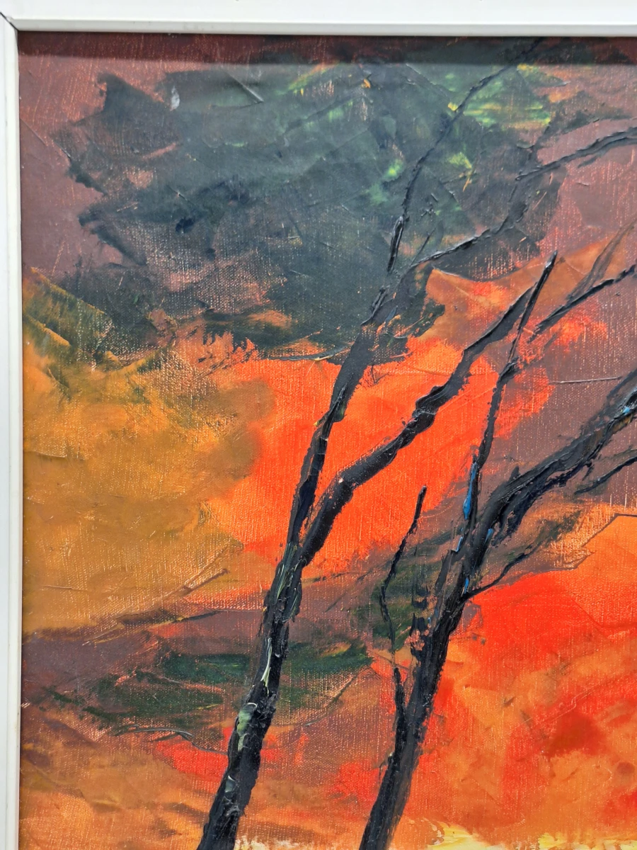 Expressief olieverfschilderij van een dramatisch rivierlandschap - gesigneerd en gedateerd 1972
