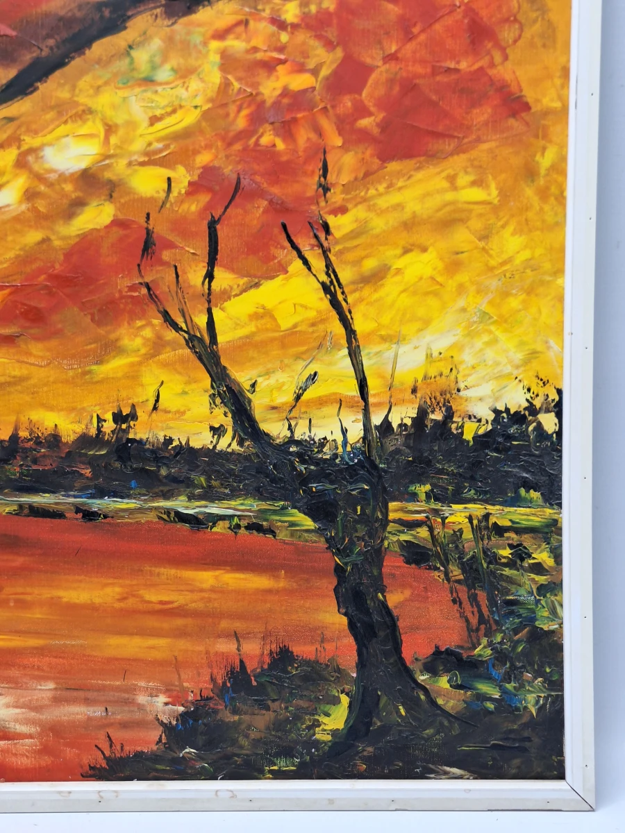 Expressief olieverfschilderij van een dramatisch rivierlandschap - gesigneerd en gedateerd 1972
