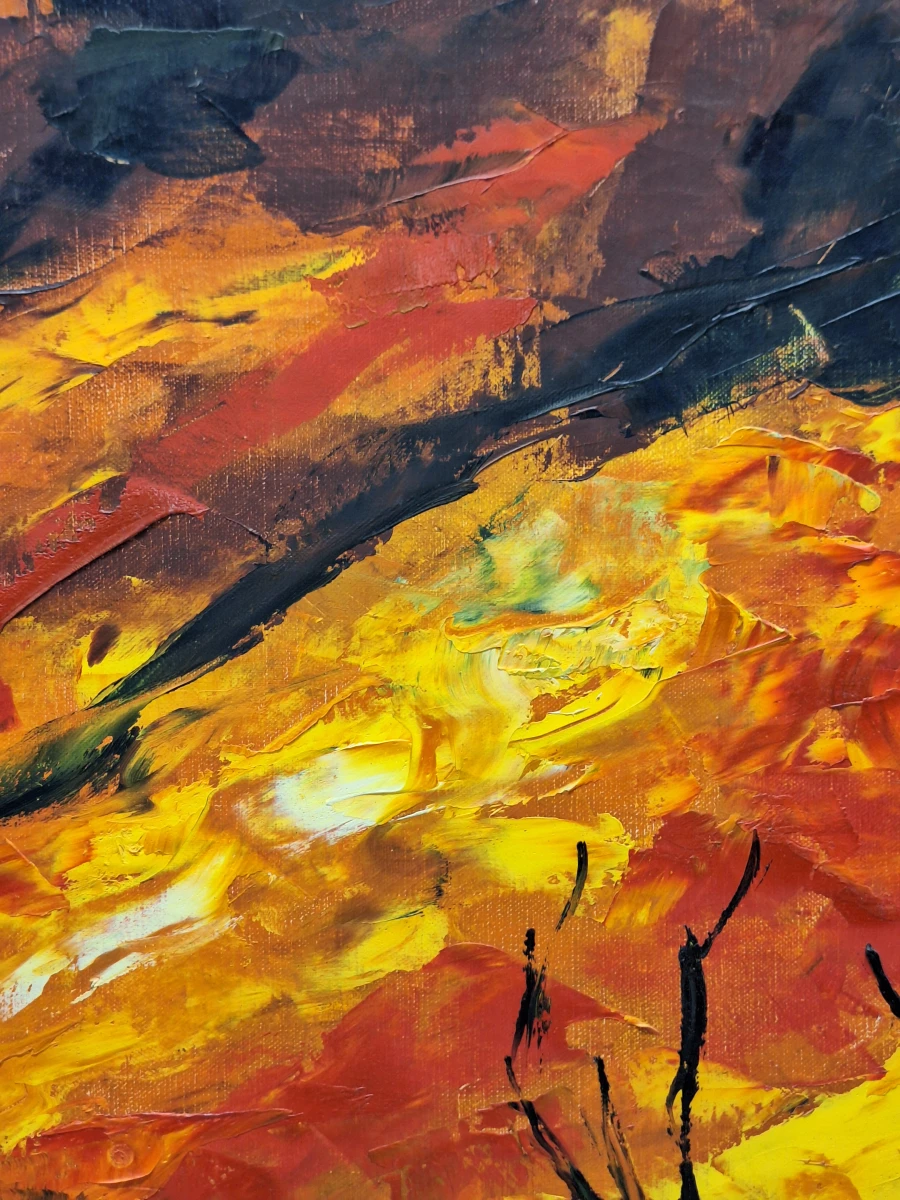 Expressief olieverfschilderij van een dramatisch rivierlandschap - gesigneerd en gedateerd 1972
