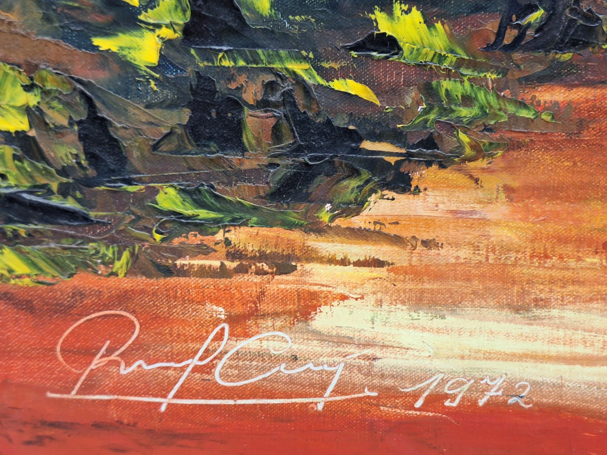 Expressief olieverfschilderij van een dramatisch rivierlandschap - gesigneerd en gedateerd 1972