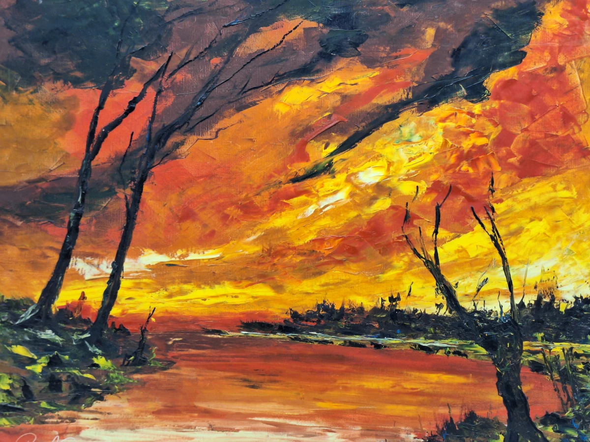 Expressief olieverfschilderij van een dramatisch rivierlandschap - gesigneerd en gedateerd 1972
