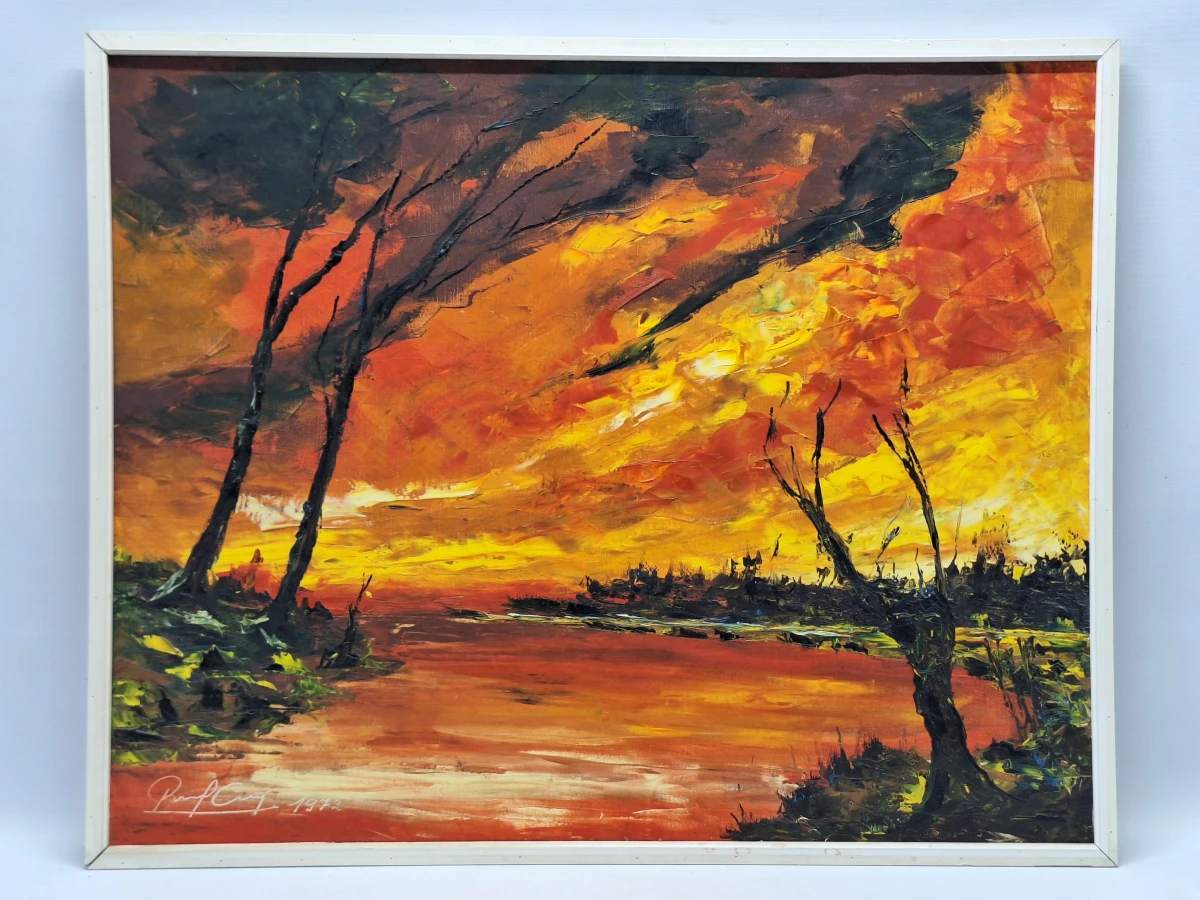 Expressief olieverfschilderij van een dramatisch rivierlandschap - gesigneerd en gedateerd 1972