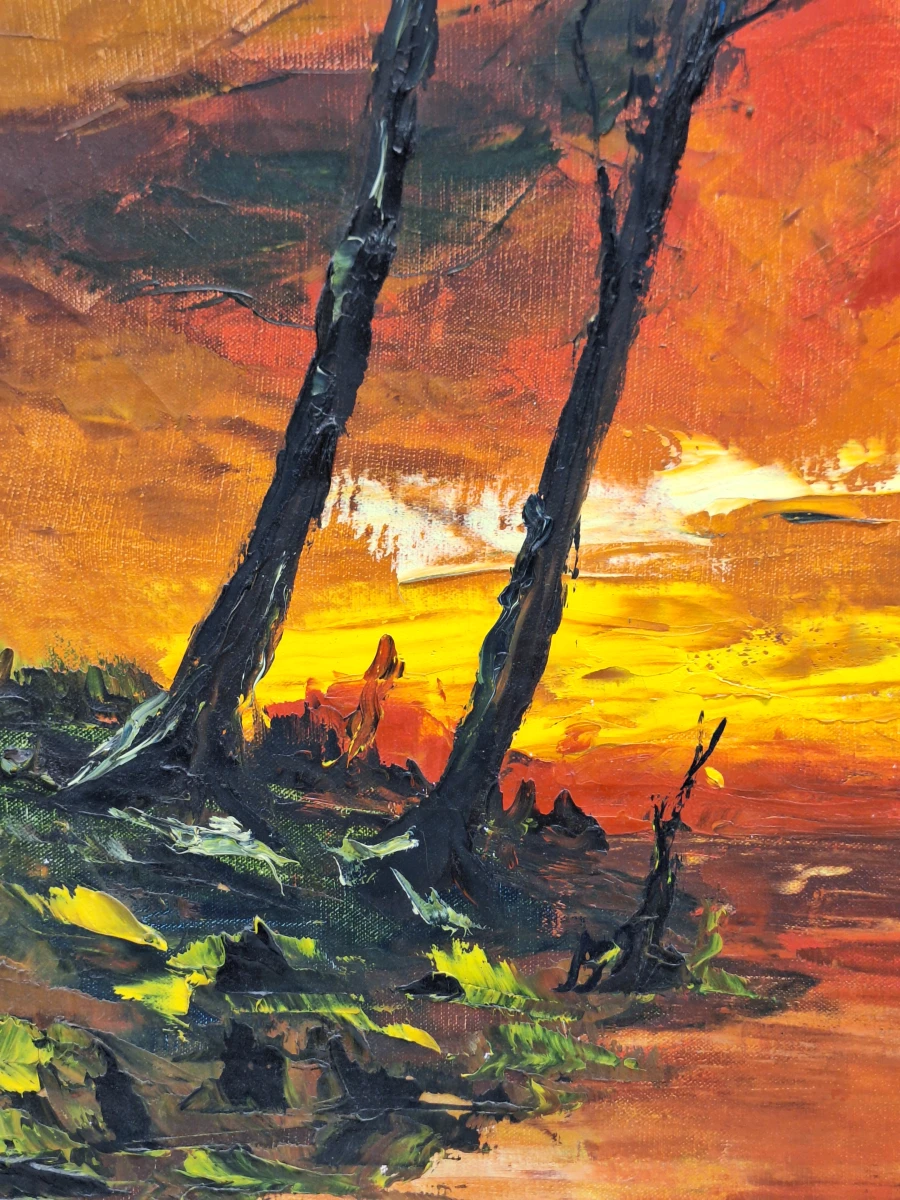 Expressief olieverfschilderij van een dramatisch rivierlandschap - gesigneerd en gedateerd 1972