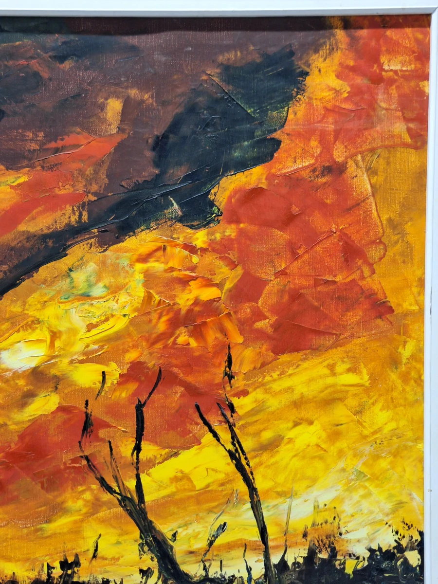 Expressief olieverfschilderij van een dramatisch rivierlandschap - gesigneerd en gedateerd 1972