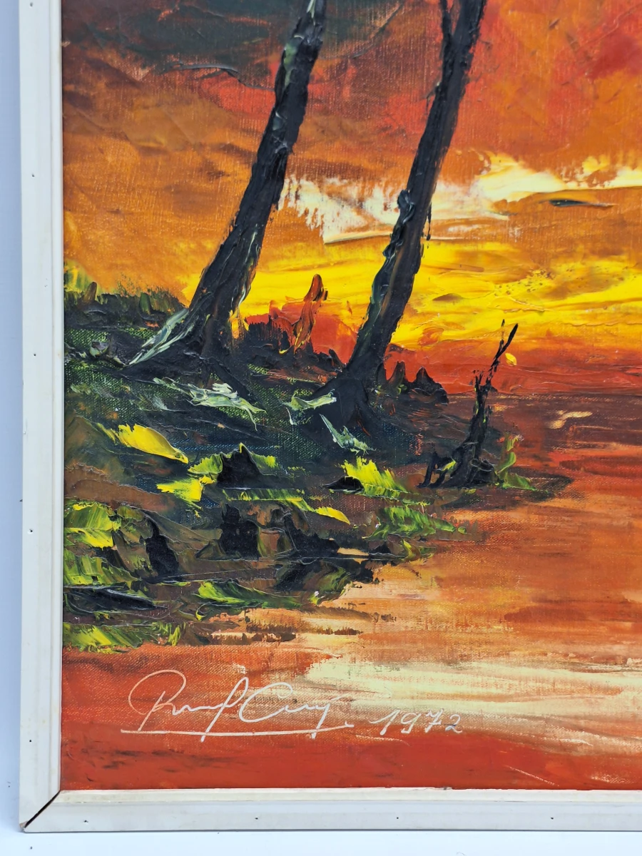 Expressief olieverfschilderij van een dramatisch rivierlandschap - gesigneerd en gedateerd 1972