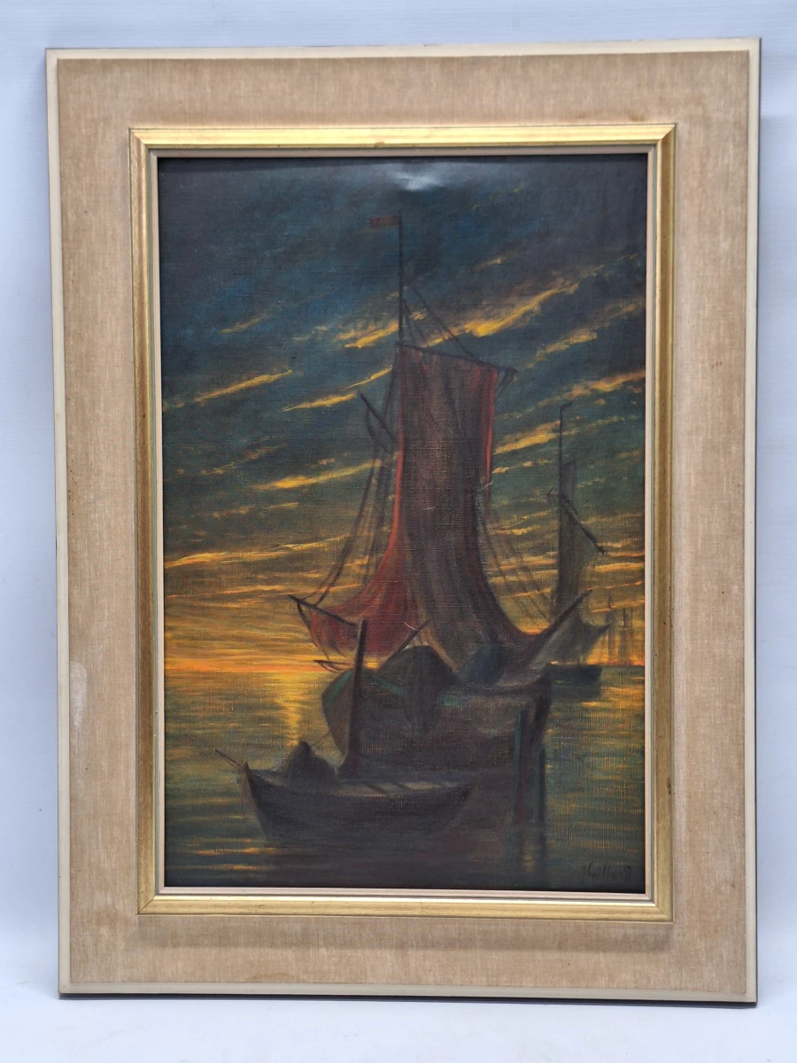 Maritiem olieverfschilderij met zeilboten bij zonsondergang - J. Gillard
