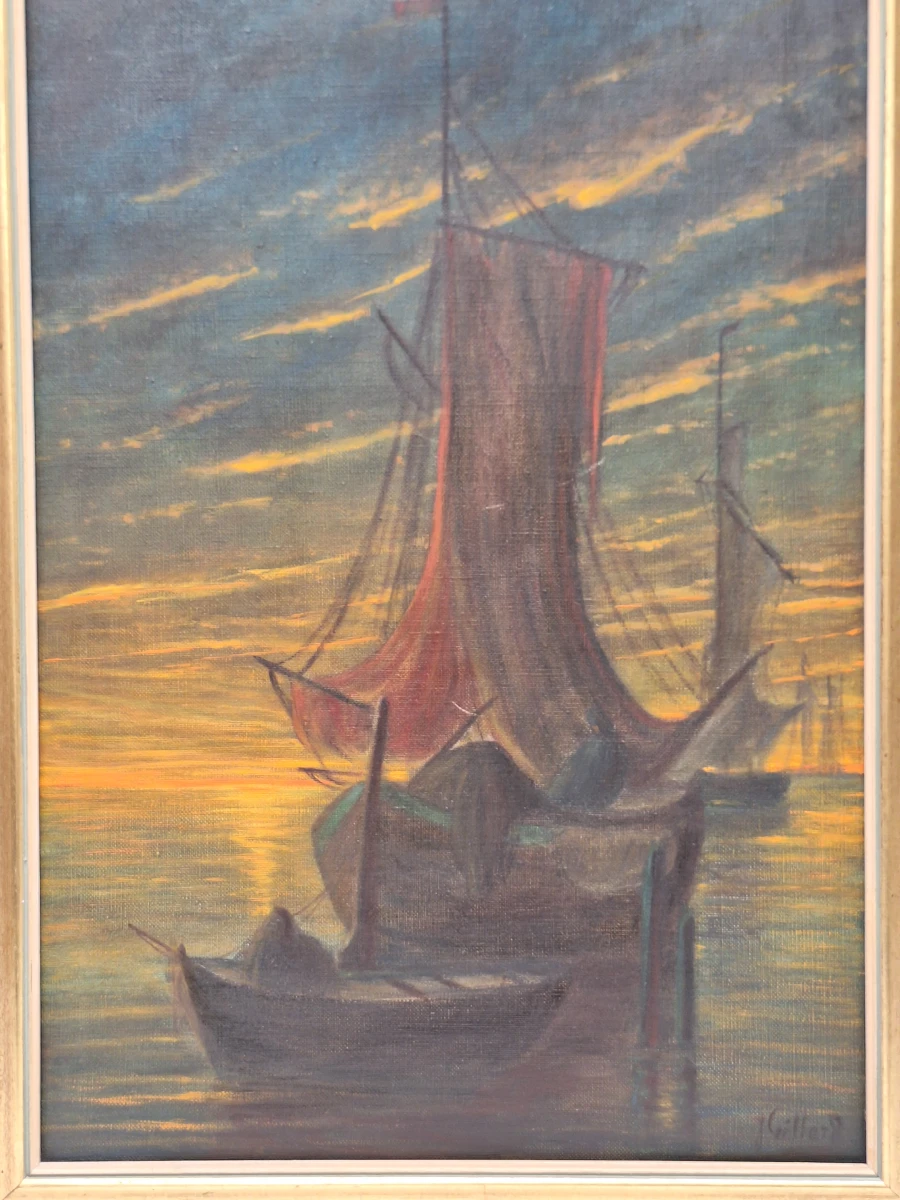 Maritiem olieverfschilderij met zeilboten bij zonsondergang - J. Gillard