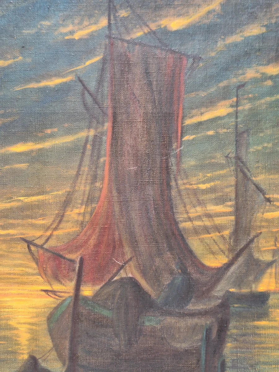 Maritiem olieverfschilderij met zeilboten bij zonsondergang - J. Gillard