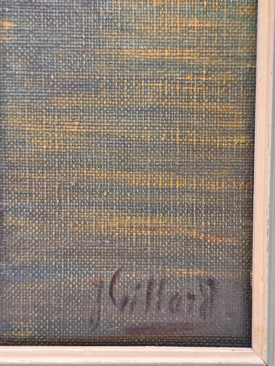Maritiem olieverfschilderij met zeilboten bij zonsondergang - J. Gillard