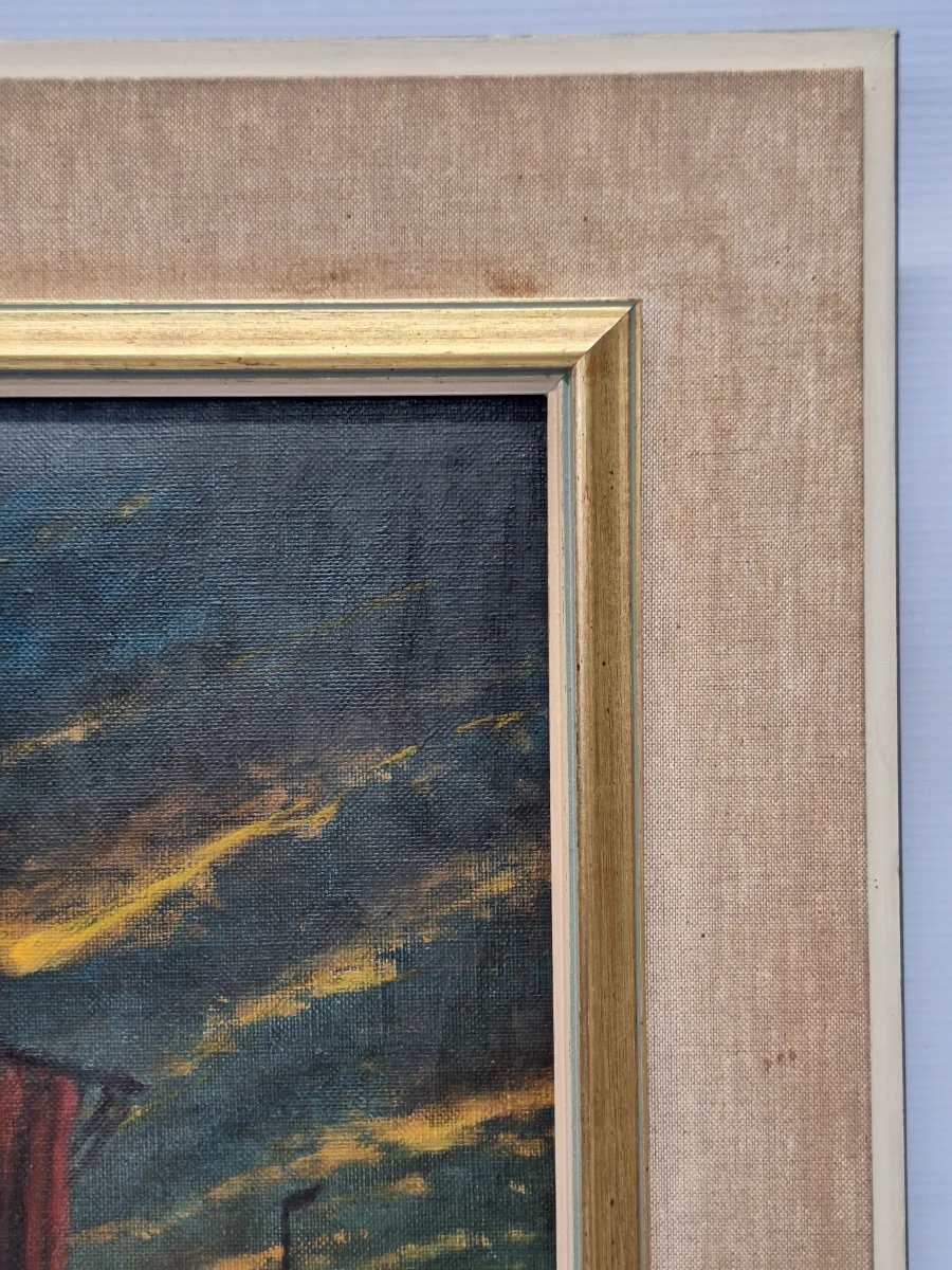 Maritiem olieverfschilderij met zeilboten bij zonsondergang - J. Gillard