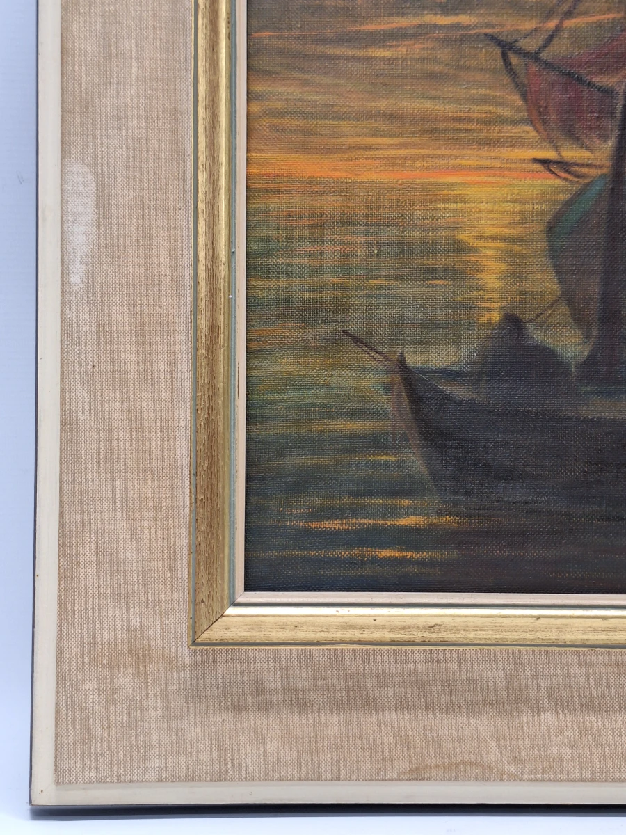 Maritiem olieverfschilderij met zeilboten bij zonsondergang - J. Gillard
