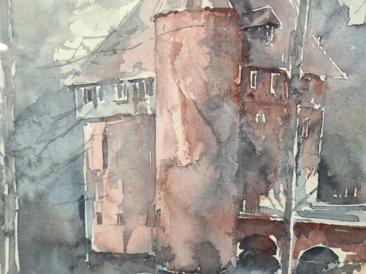 Aquarel van een middeleeuws kasteel met brug - O. Seyers (2002)