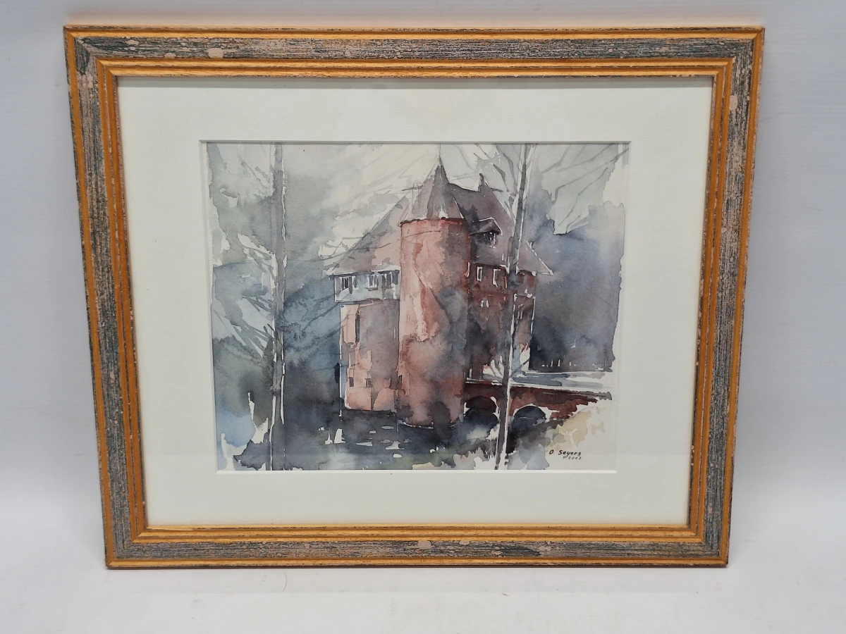 Aquarel van een middeleeuws kasteel met brug - O. Seyers (2002)