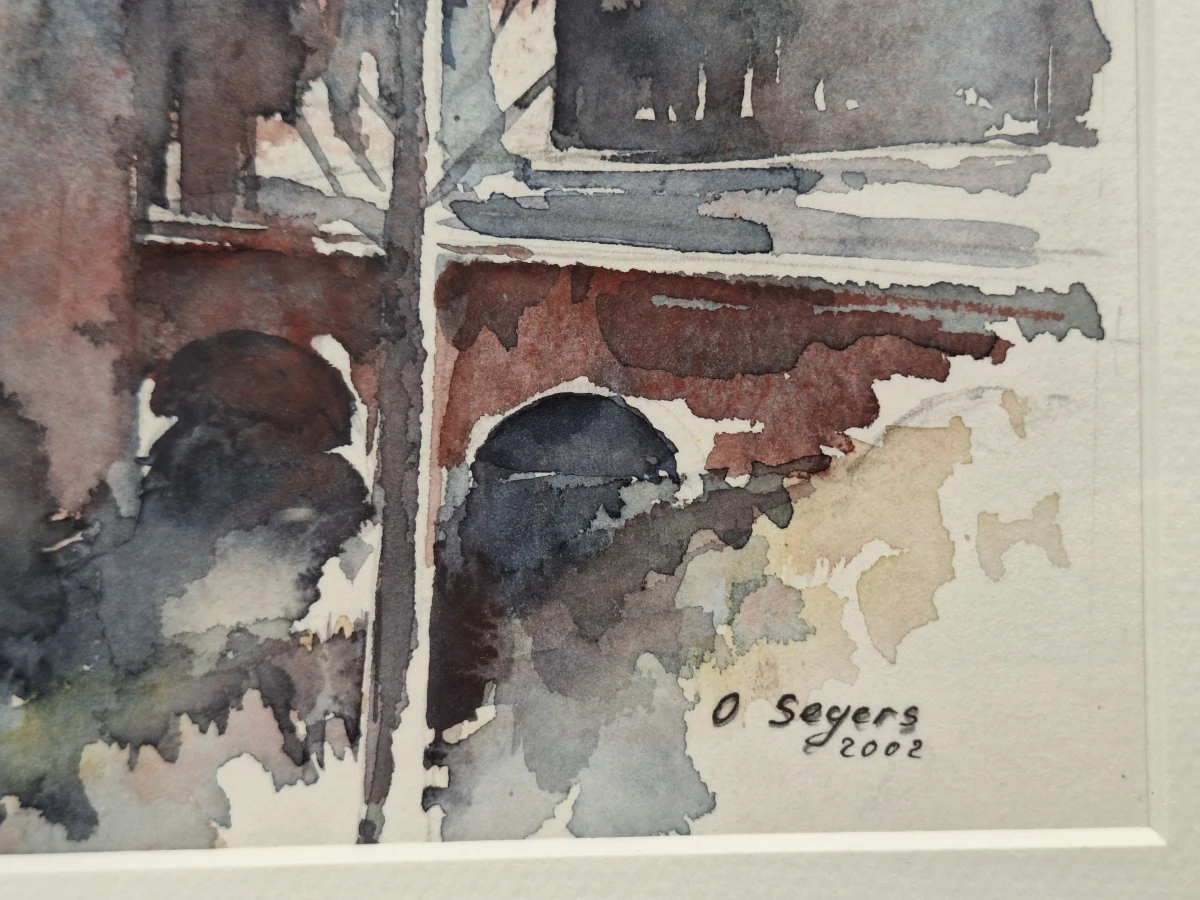 Aquarel van een middeleeuws kasteel met brug - O. Seyers (2002)