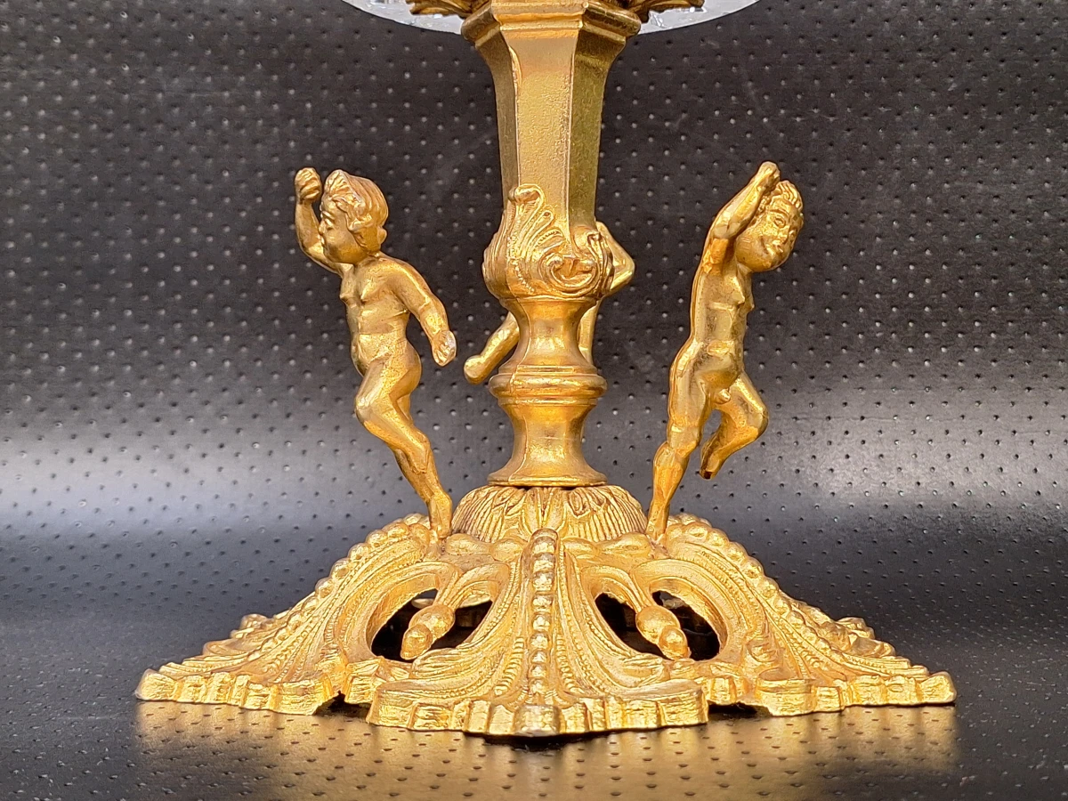 Hollywood Regency tafelstuk - kristallen schaal met vergulde "putti" en "nimf"