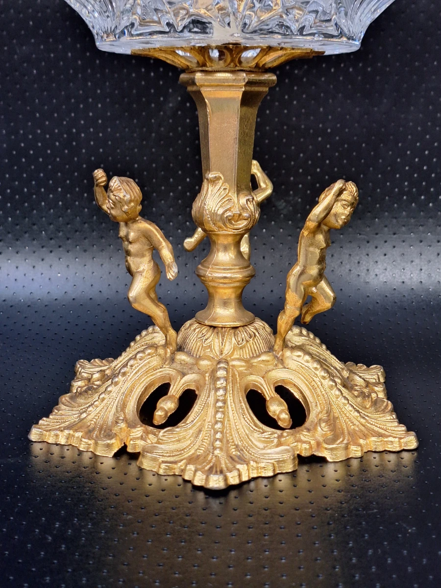 Hollywood Regency tafelstuk - kristallen schaal met vergulde "putti" en "nimf"