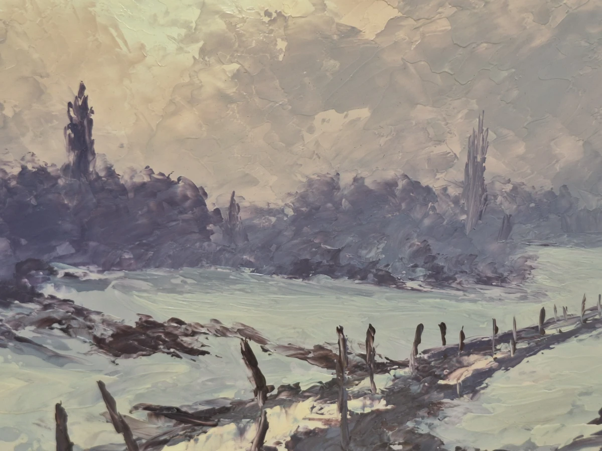 Schilderij van een Winters landschap met modderig karrenspoor en doorbrekend licht - Lucien Meylan