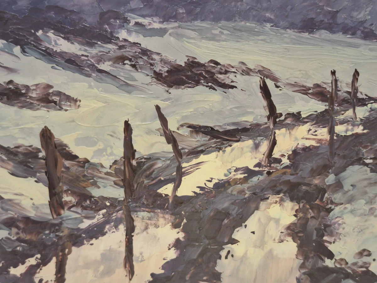 Schilderij van een Winters landschap met modderig karrenspoor en doorbrekend licht - Lucien Meylan