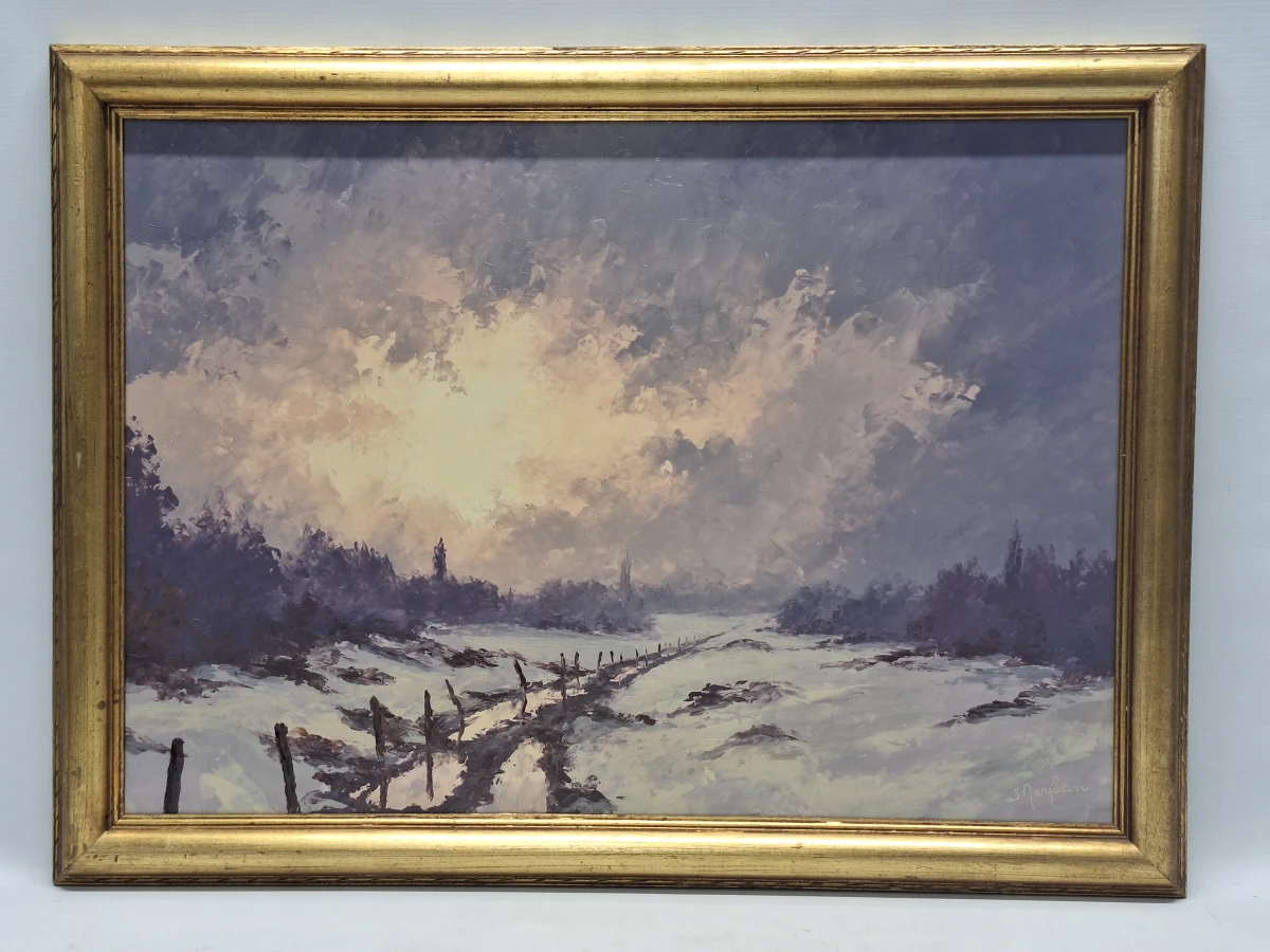 Schilderij van een Winters landschap met modderig karrenspoor en doorbrekend licht - Lucien Meylan