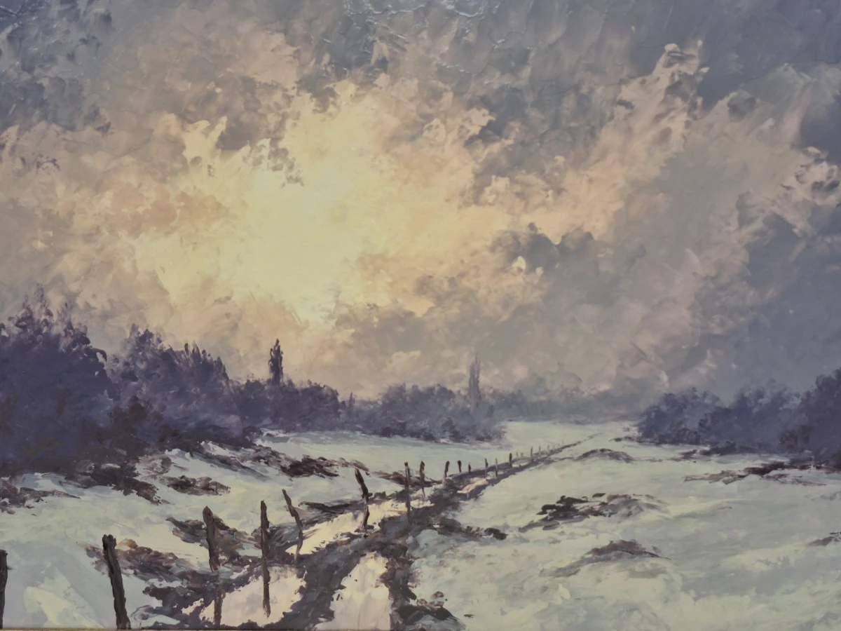Schilderij van een Winters landschap met modderig karrenspoor en doorbrekend licht - Lucien Meylan
