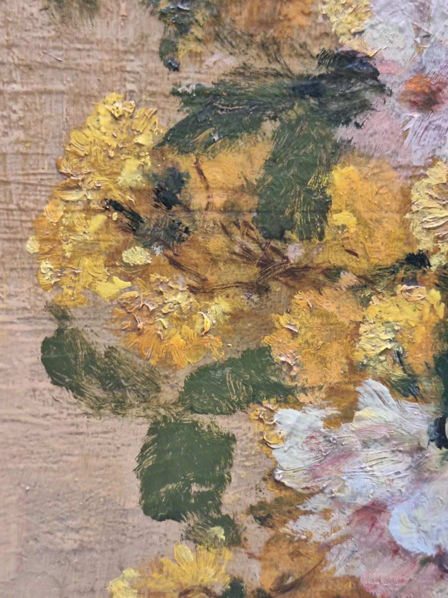 Olieverf op houten paneel - Impressionistisch bloemstilleven met blauwe vaas - Rob. Dierick