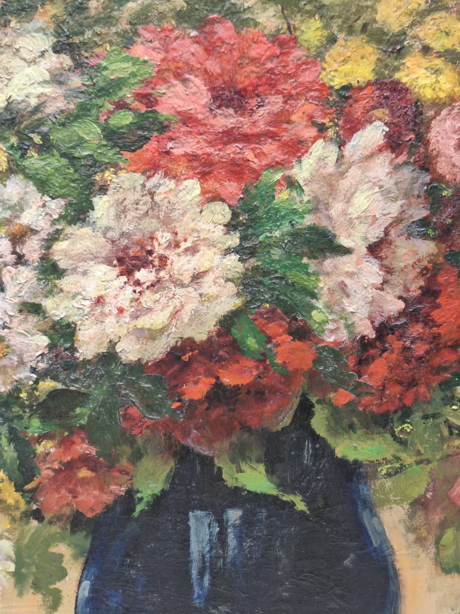 Olieverf op houten paneel - Impressionistisch bloemstilleven met blauwe vaas - Rob. Dierick