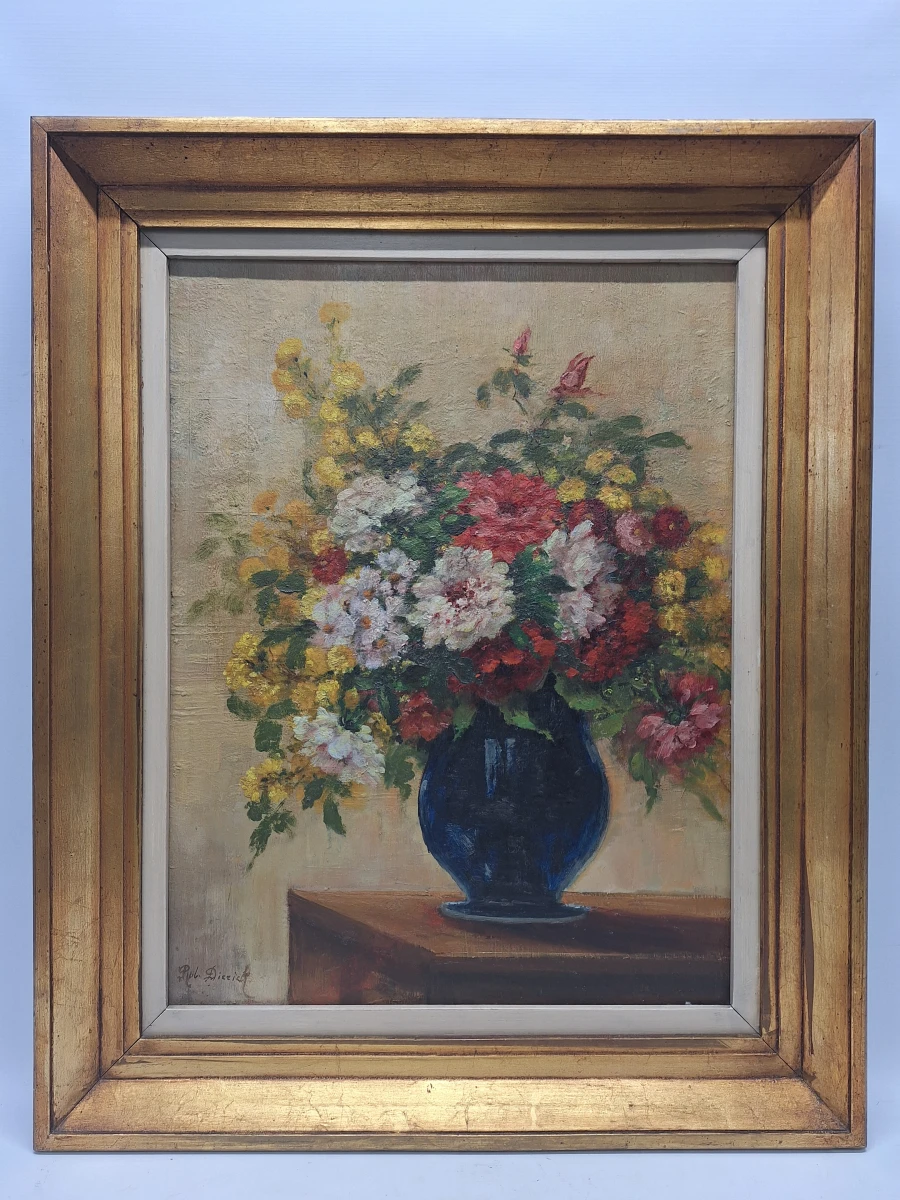 Olieverf op houten paneel - Impressionistisch bloemstilleven met blauwe vaas - Rob. Dierick