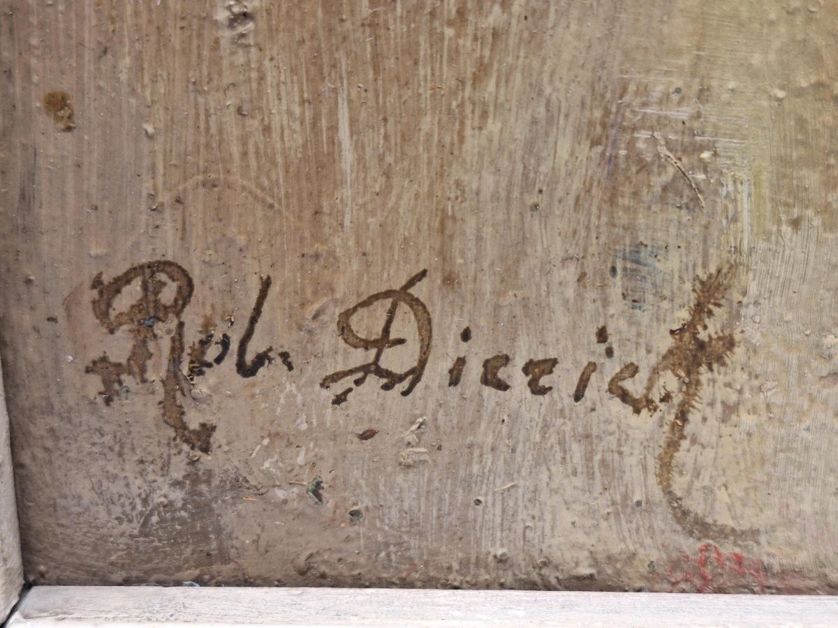 Olieverf op houten paneel - Impressionistisch bloemstilleven met blauwe vaas - Rob. Dierick