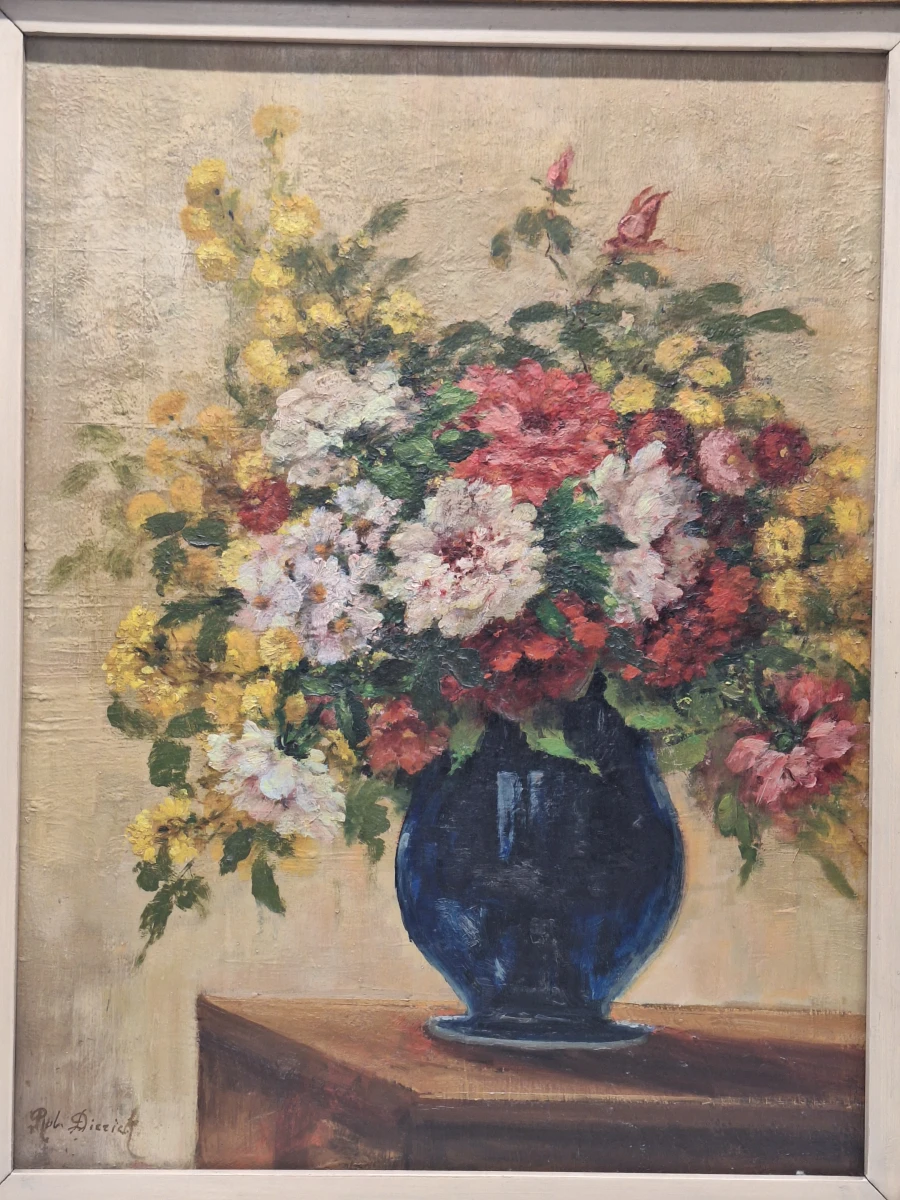 Olieverf op houten paneel - Impressionistisch bloemstilleven met blauwe vaas - Rob. Dierick