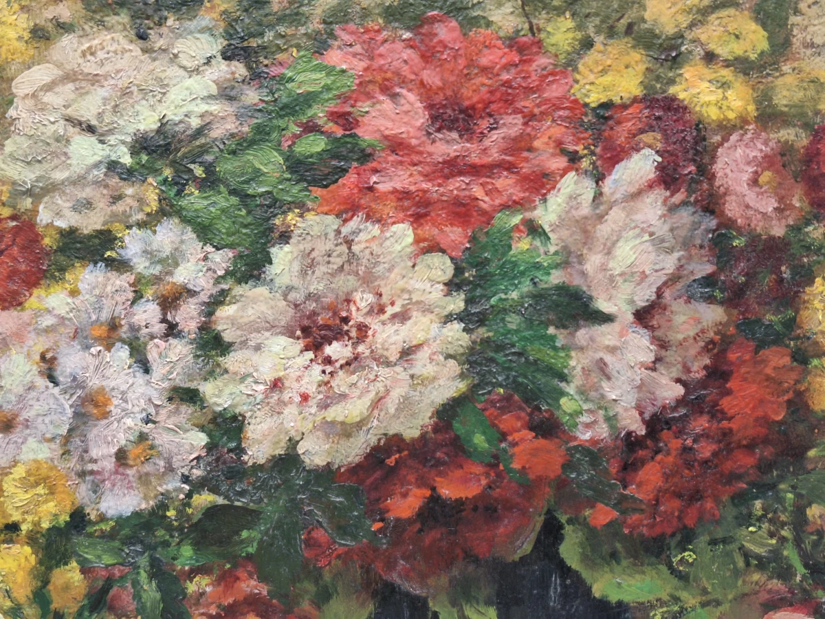 Olieverf op houten paneel - Impressionistisch bloemstilleven met blauwe vaas - Rob. Dierick