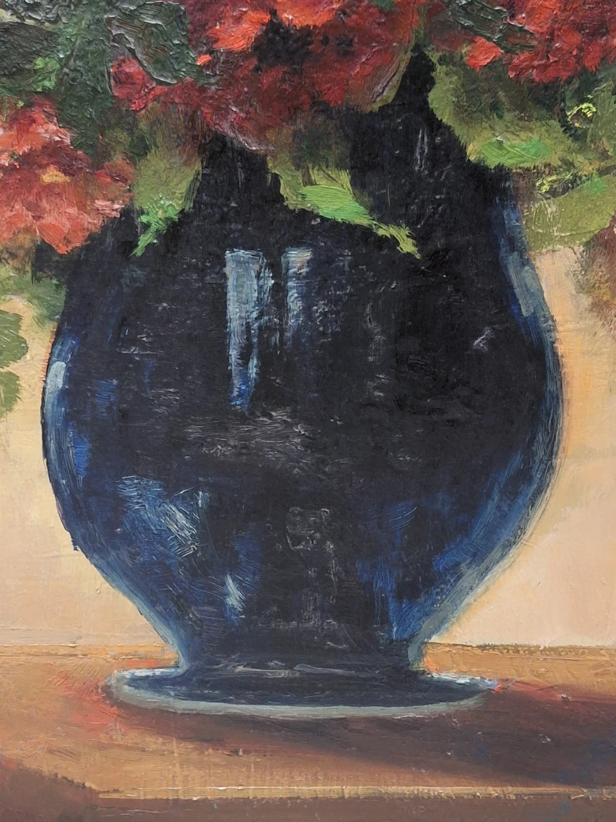 Olieverf op houten paneel - Impressionistisch bloemstilleven met blauwe vaas - Rob. Dierick
