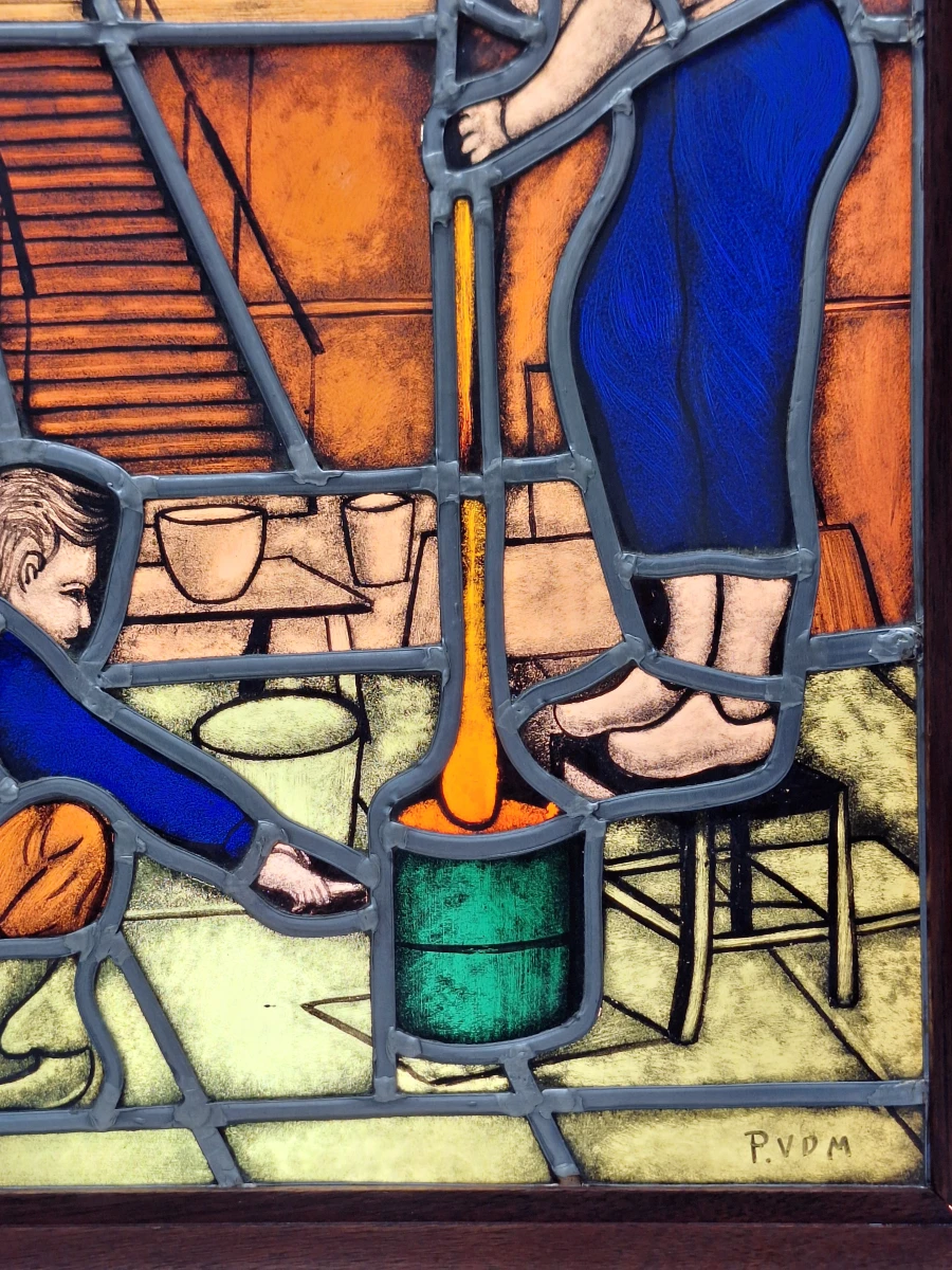 Uniek handgemaakt glas-in-loodpaneel met verlichting - Gesigneerd P.V.D.M
