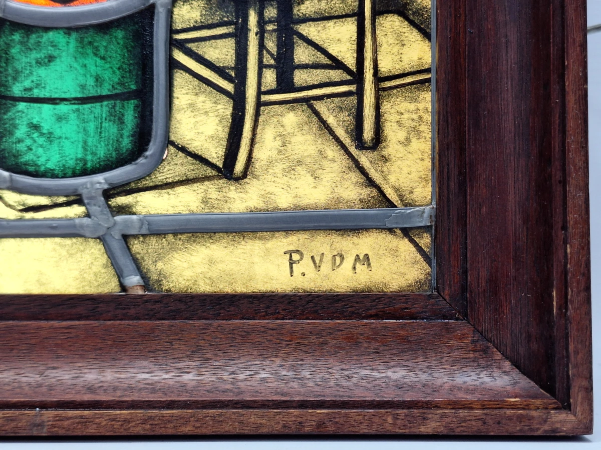 Uniek handgemaakt glas-in-loodpaneel met verlichting - Gesigneerd P.V.D.M