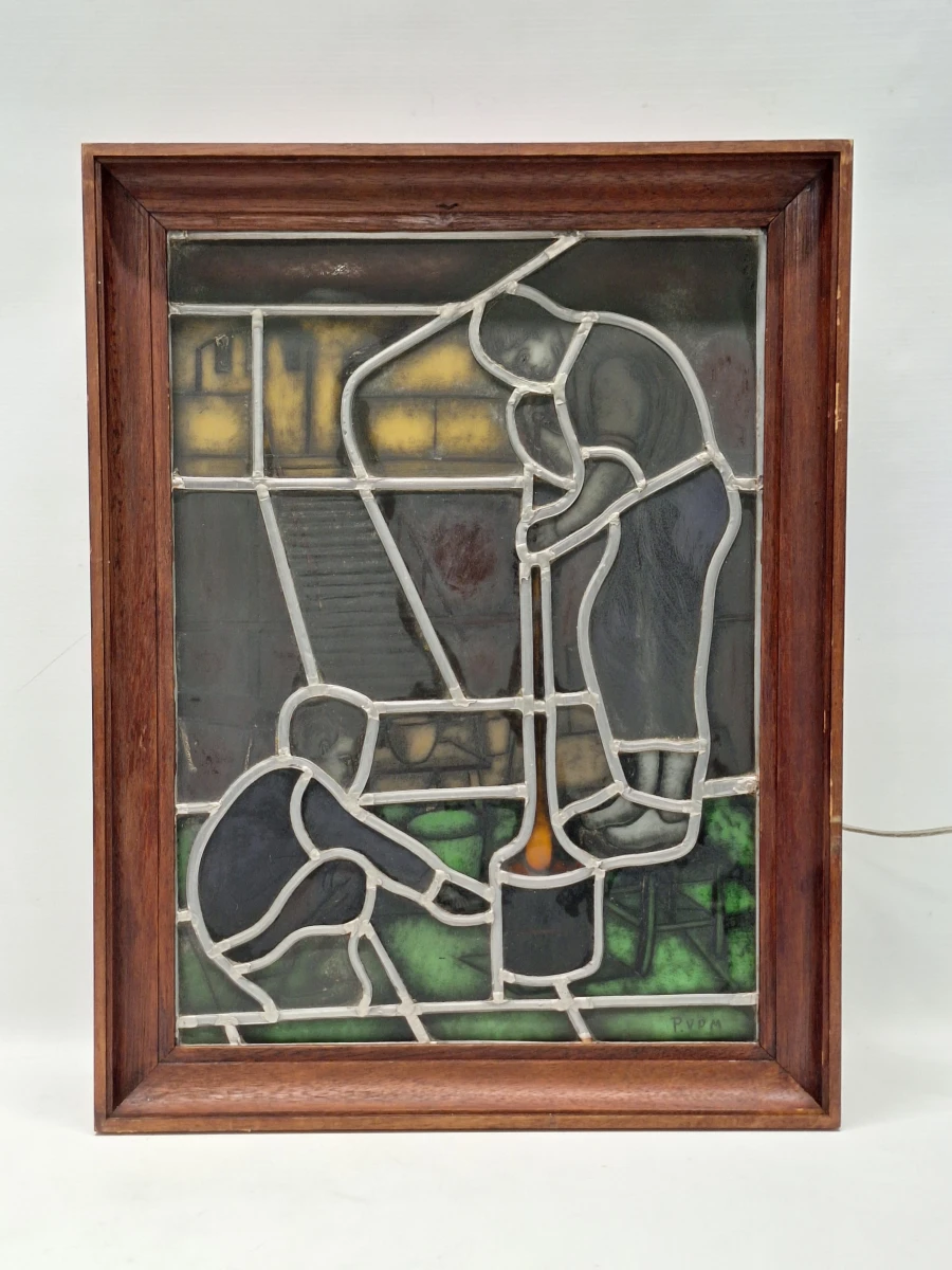 Uniek handgemaakt glas-in-loodpaneel met verlichting - Gesigneerd P.V.D.M