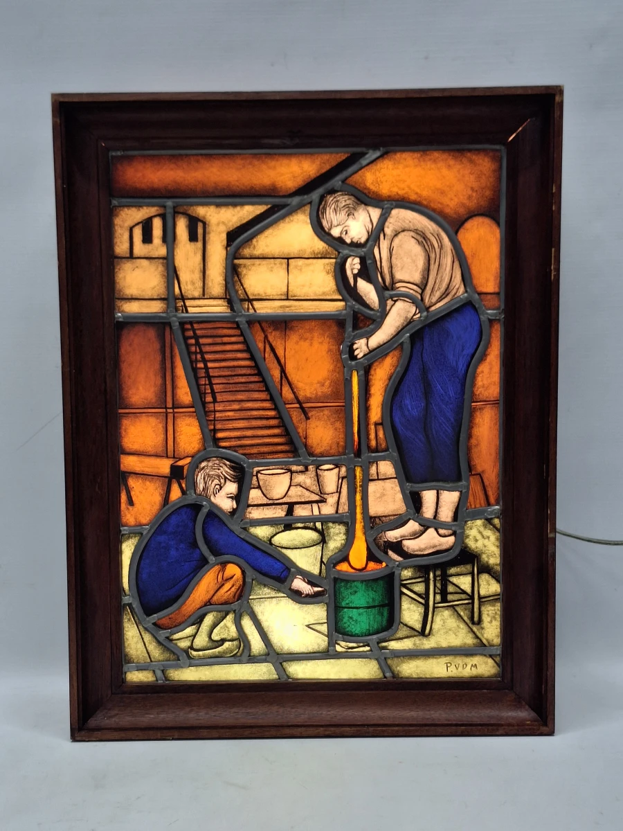 Uniek handgemaakt glas-in-loodpaneel met verlichting - Gesigneerd P.V.D.M