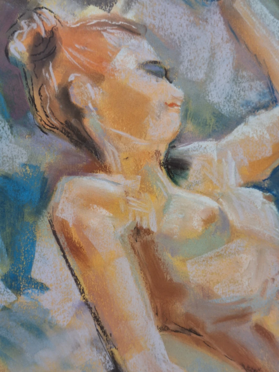 Expressief pastel van liggend vrouwelijk naakt - gesigneerd en gedateerd 1996