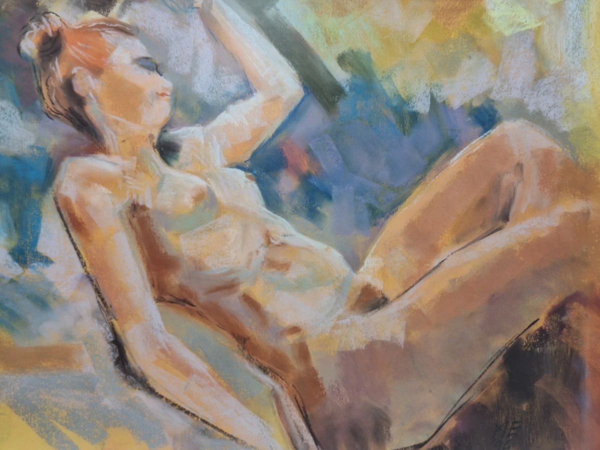 Expressief pastel van liggend vrouwelijk naakt - gesigneerd en gedateerd 1996
