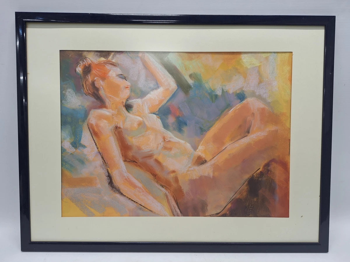 Expressief pastel van liggend vrouwelijk naakt - gesigneerd en gedateerd 1996
