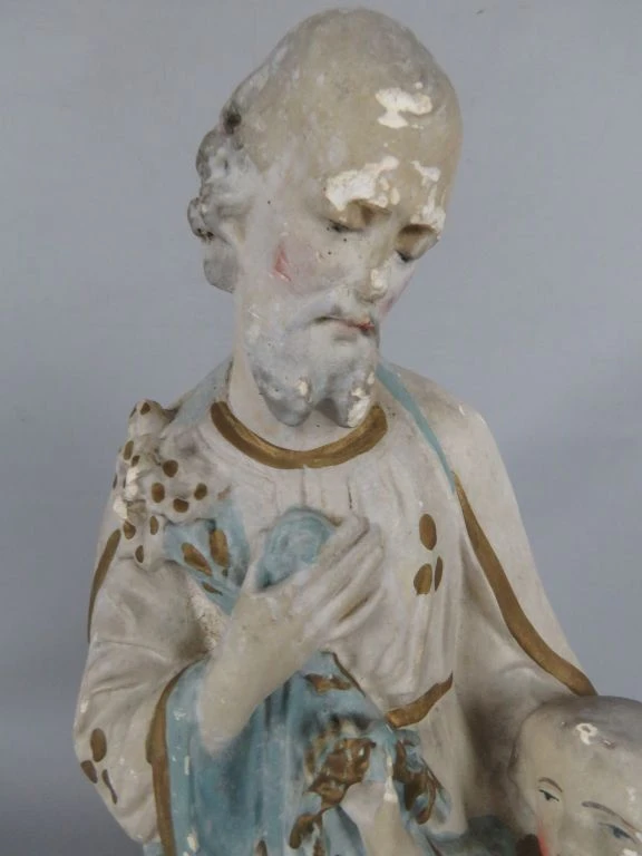 Antiek plaasteren beeld van Heilige Jozef met Kind Jezus
