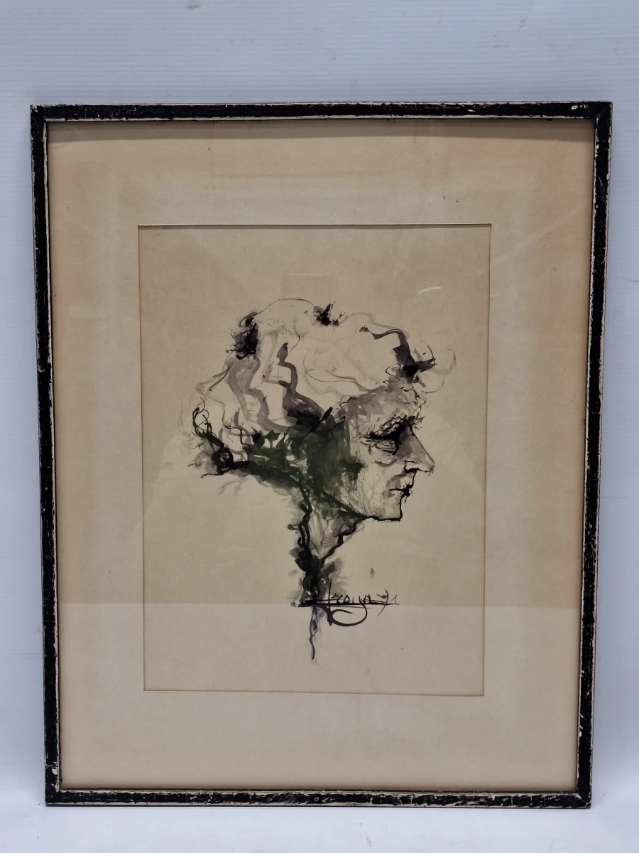 Expressionistisch profielportret in pen en gewassen inkt - Freya (1971)