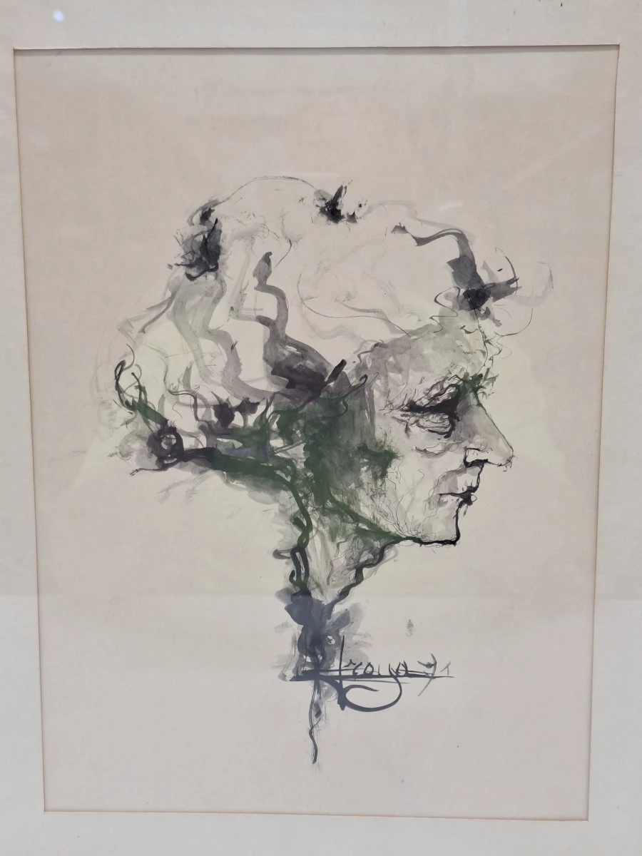 Expressionistisch profielportret in pen en gewassen inkt - Freya (1971)