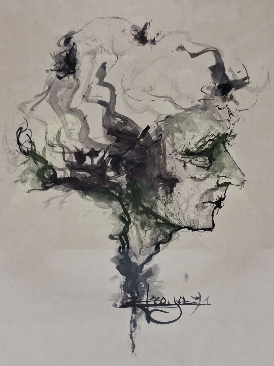 Expressionistisch profielportret in pen en gewassen inkt - Freya (1971)