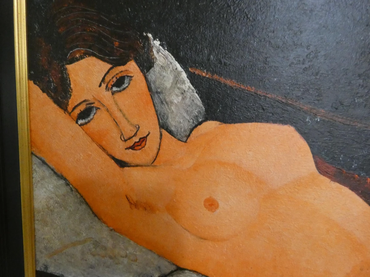 Schilderij "Liggende vrouwelijke naaktfiguur op een wit kussen" + certificaat