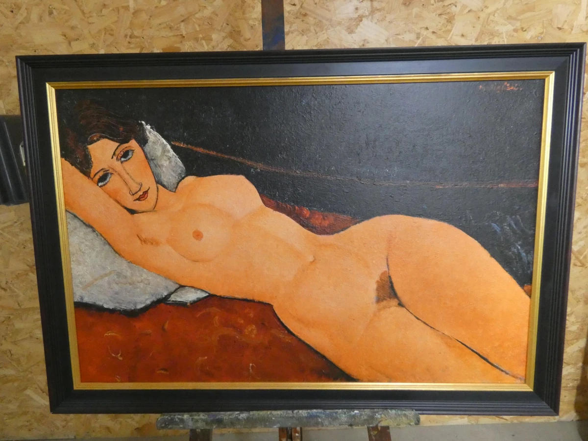 Schilderij "Liggende vrouwelijke naaktfiguur op een wit kussen" + certificaat